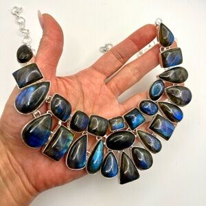 925 Blue Flash Labradorite  GODDESS Collar Bib Necklace Pendant